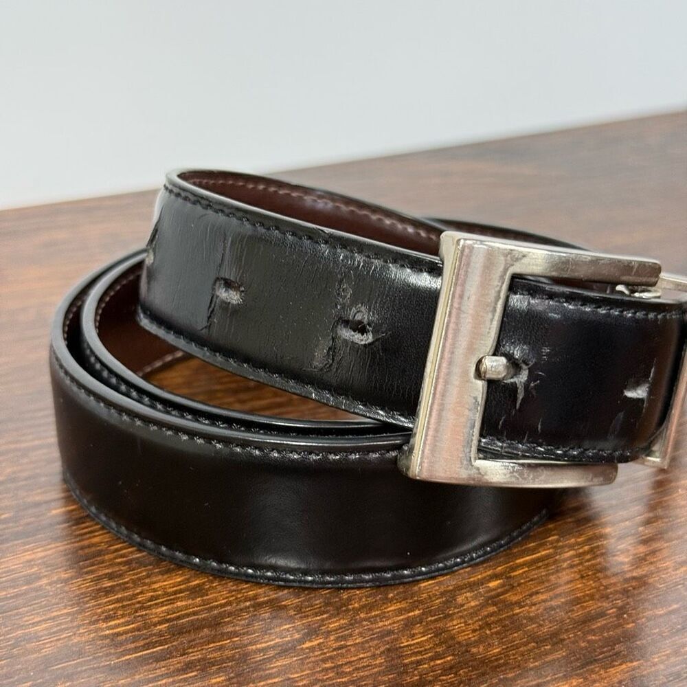 Men’s Belt Reversible Black Brown Leather Size 34 Silver — image 2 of 8
